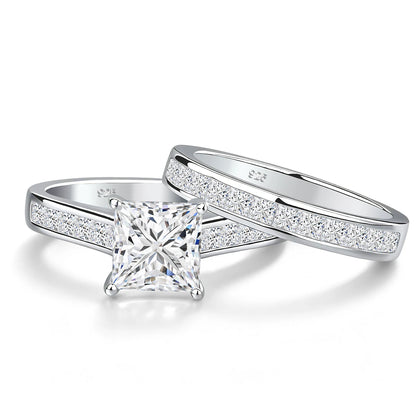 Damen-Verlobungsringe-Set aus Moissanit in 925 Sterlingsilber mit Echtheitszertifikat und quadratischem Schliff