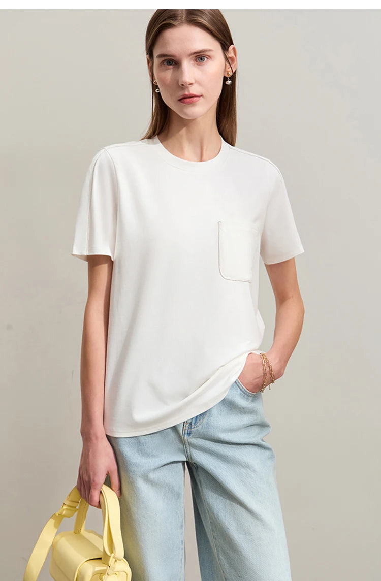 Damen Sommer-T-Shirts im minimalistischen Stil mit O-Ausschnitt und kurzen Ärmeln