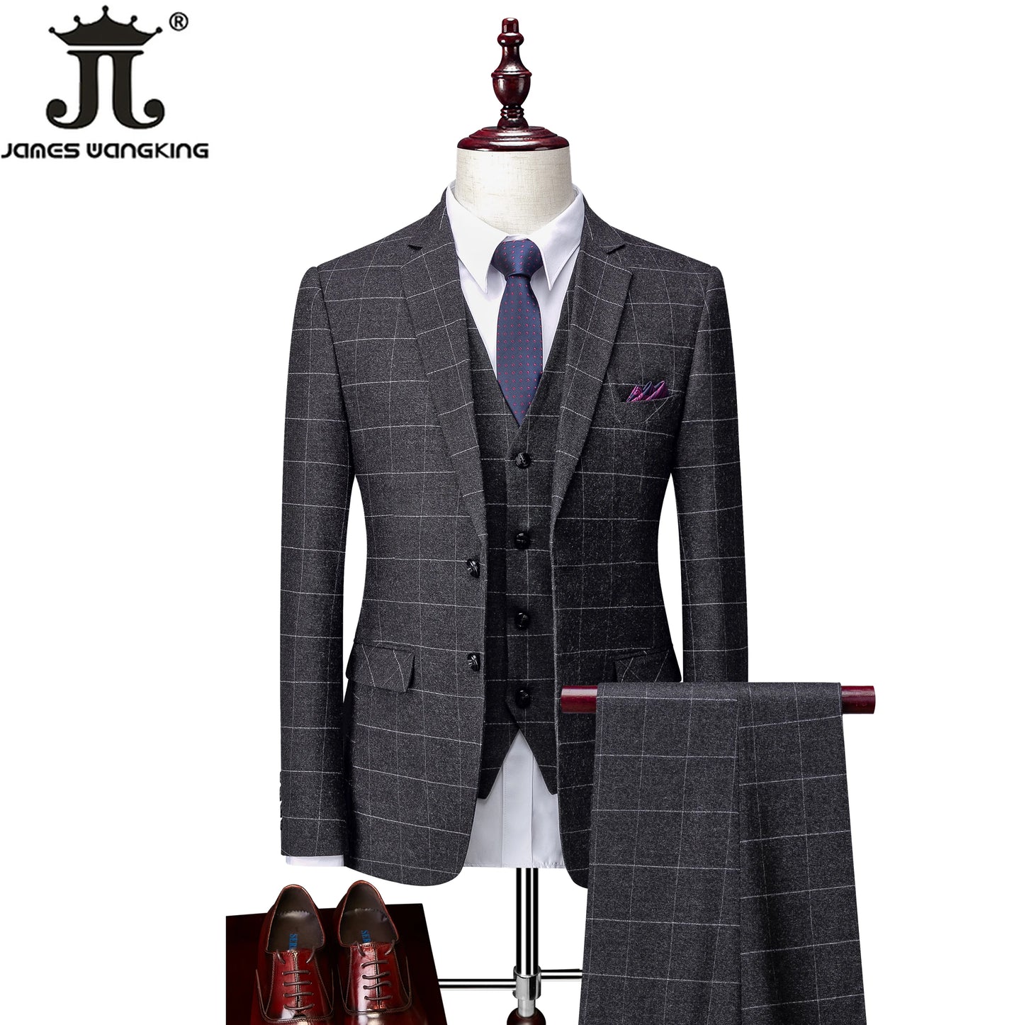 Hochwertiger Herren Anzug 3-teilig: Kariert, Grau, Slim Fit, Business & Hochzeit.