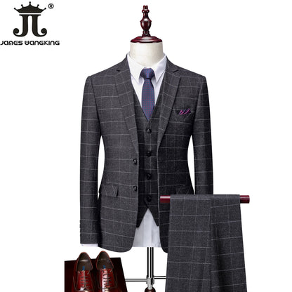 Hochwertiger Herren Anzug 3-teilig: Kariert, Grau, Slim Fit, Business & Hochzeit.