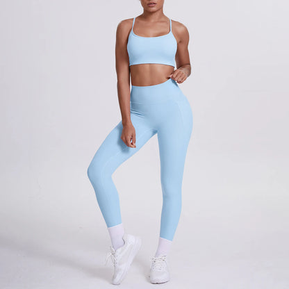 Damen Yoga-Set: hellblauer Sport-BH und Leggings, schmale Träger, hohe Taille