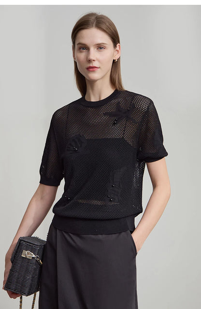 Damen Top im minimalistischen Ozean-Stil mit Perlenbesatz und durchbohrten Löchern