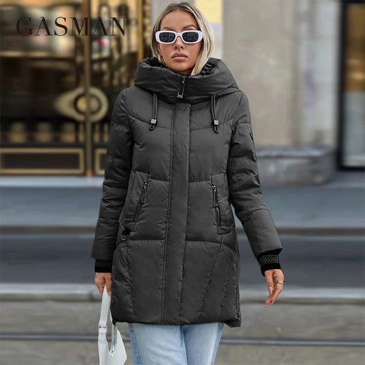 Kurze Damen-Daunenjacke mit Kapuze und hochwertigem Design – ideal für den Winter