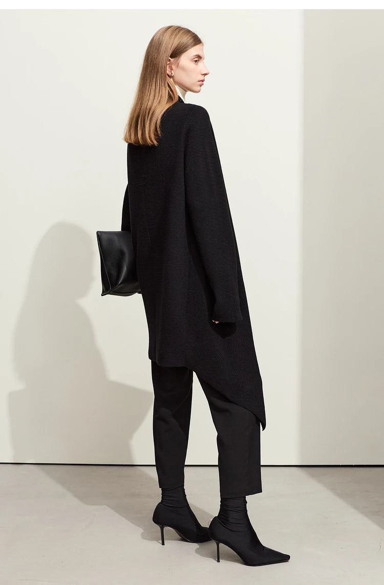 Damen-Strickjacke Wolle Umlegekragen lang locker Tasche Herbst