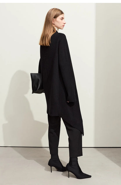 Damen-Strickjacke Wolle Umlegekragen lang locker Tasche Herbst