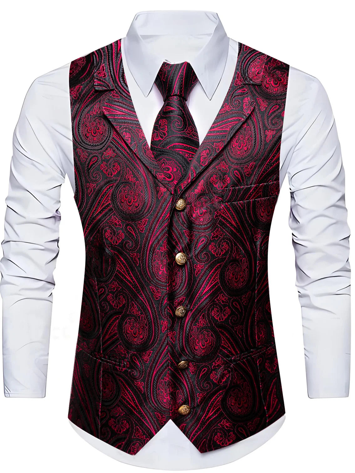 Herrenweste-Set mit Krawatte, rote Paisley-Jacquardweste mit goldenen Knöpfen
