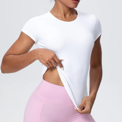 Damen-Yoga-Shirt, kurzarm, weiß, Rundhalsausschnitt, figurbetont