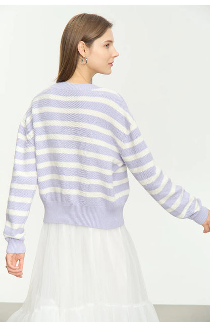 Damen-Strickjacke Baumwolle-Wolle Streifen Kontrastfarben locker Herbst