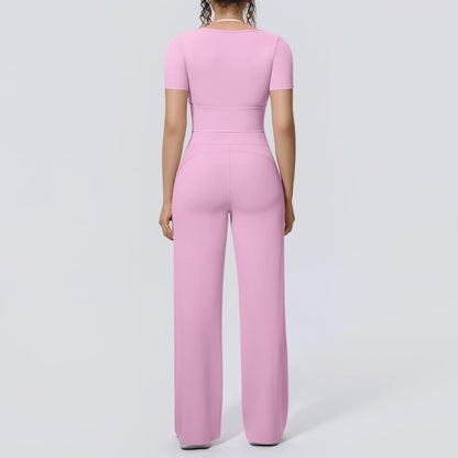 Rosa Yoga-Set mit kurzem Oberteil und weitem Hosenbein, Rückansicht