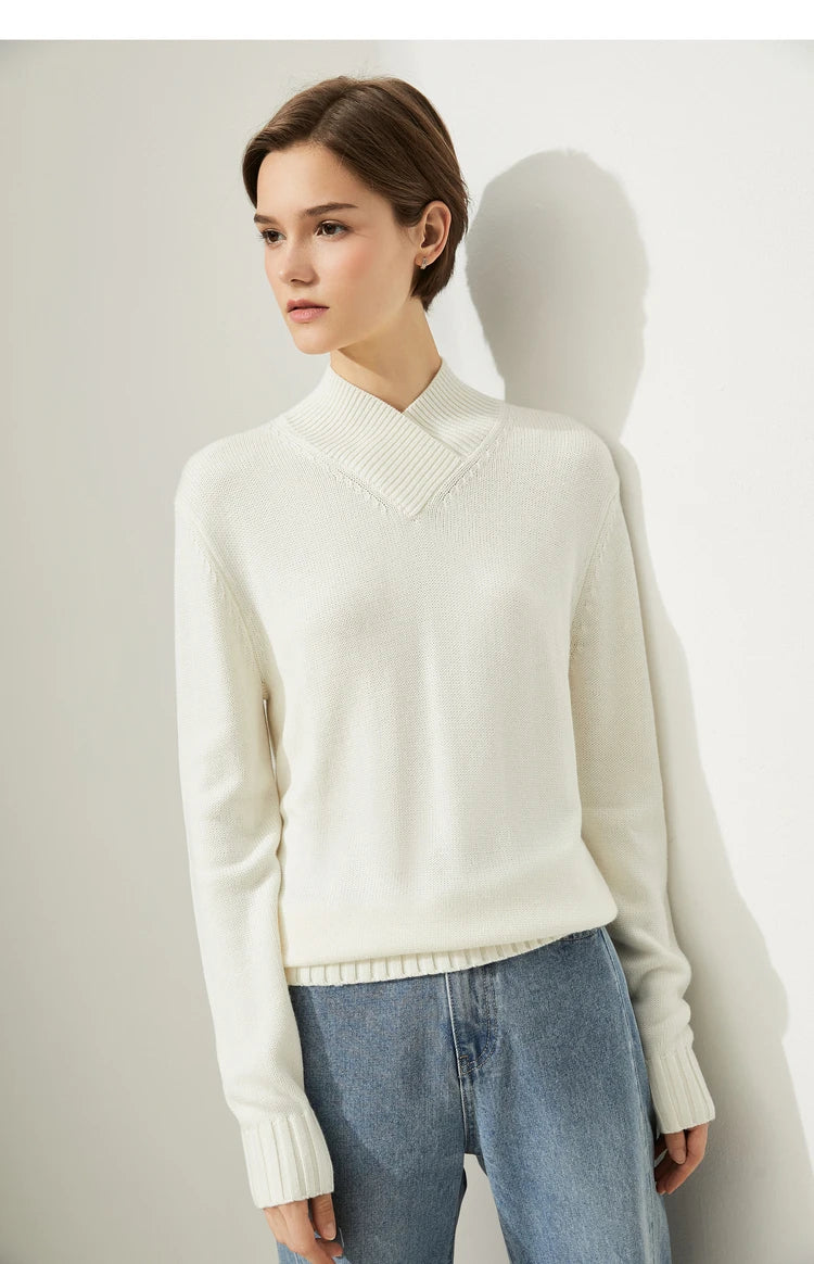 Damen-Strickpullover mit Stehkragen, cremefarbener Ton, langarm, locker
