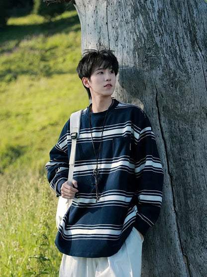 Herbst japanische Vintage gestreifte Crewneck Sweatshirts für Männer y2k Streetwear Langarm T-Shirts Frauen lässig Tasche Strick oberteile