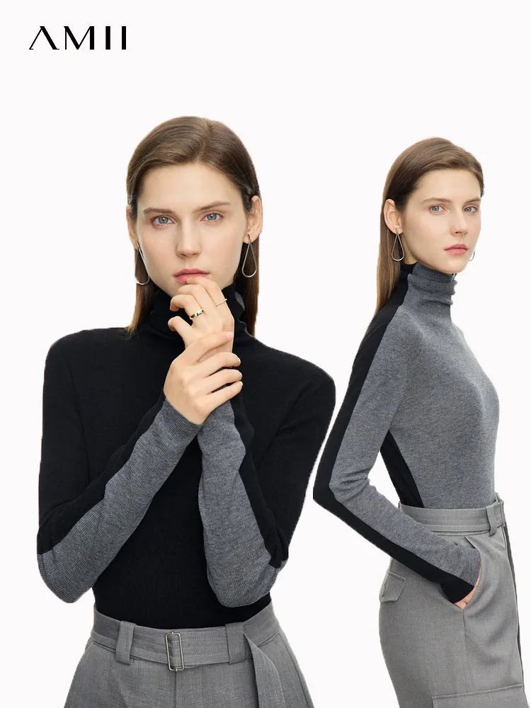 Damen-Rollkragenpullover Wolle-Mix Patchwork schlank Winter