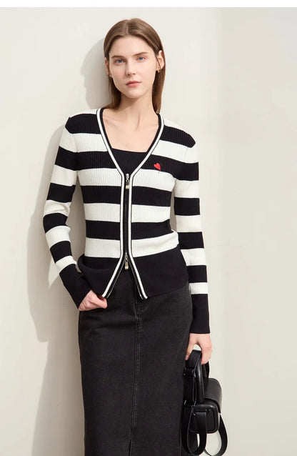 Damen-Strickjacke Kaschmir-Wolle Slim Streifen Reißverschluss Herbst