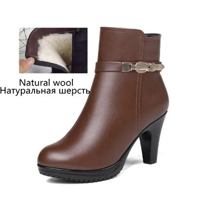 Damen-Ankleboots aus braunem Leder mit hohem Watteschuh-Innenfutter und Absatz
