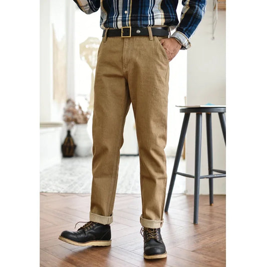 Herren Jeans aus Selvedge-Denim in Khaki mit Zipper Fly Casual