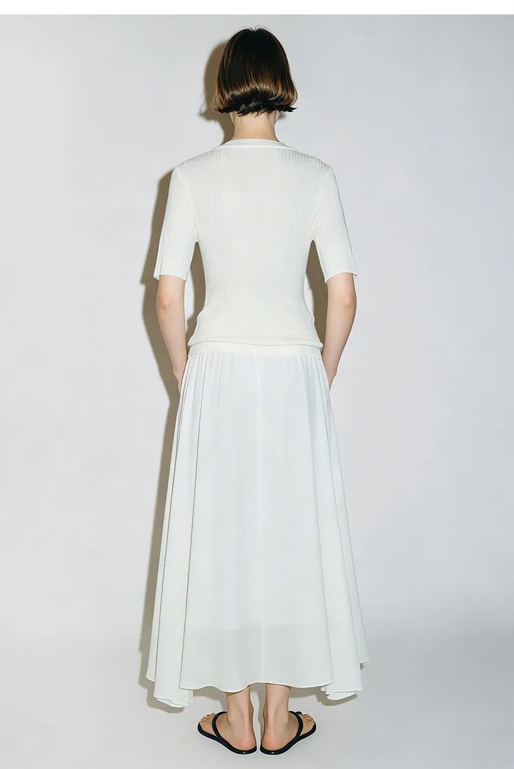 Damen-Rundhalspullover Mesh-Panel Slim Kurzarm Viskose Sommer