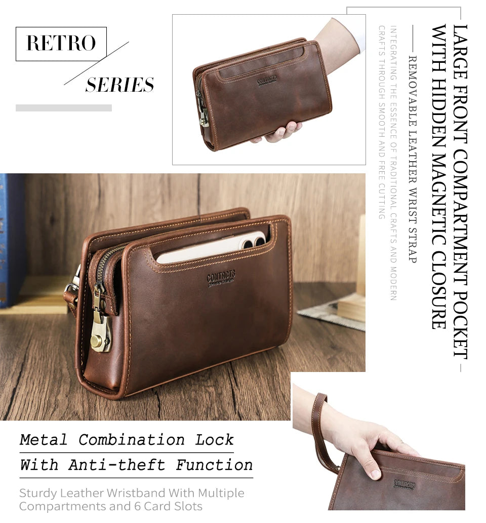 Braune Leder-Clutch mit Metallkombinationsschloss und Reißverschluss, kleine Kompaktform