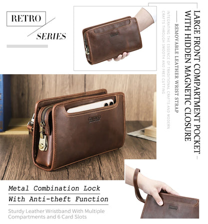 Braune Leder-Clutch mit Metallkombinationsschloss und Reißverschluss, kleine Kompaktform