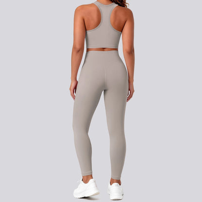 Hellbeiges nahtfreies Yoga-Set: Sport-BH und High-Waist-Leggings