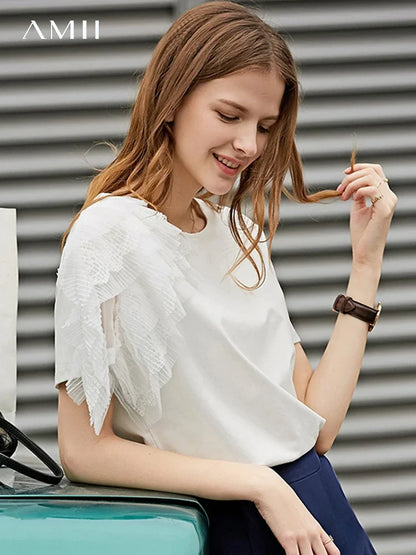 Damen T-Shirt aus mercerisierter Baumwolle im minimalistischen Patchwork-Stil mit Spitze