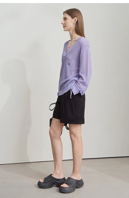 Strickpullover mit V-Ausschnitt und offenen Maschen, lange Ärmel, lila