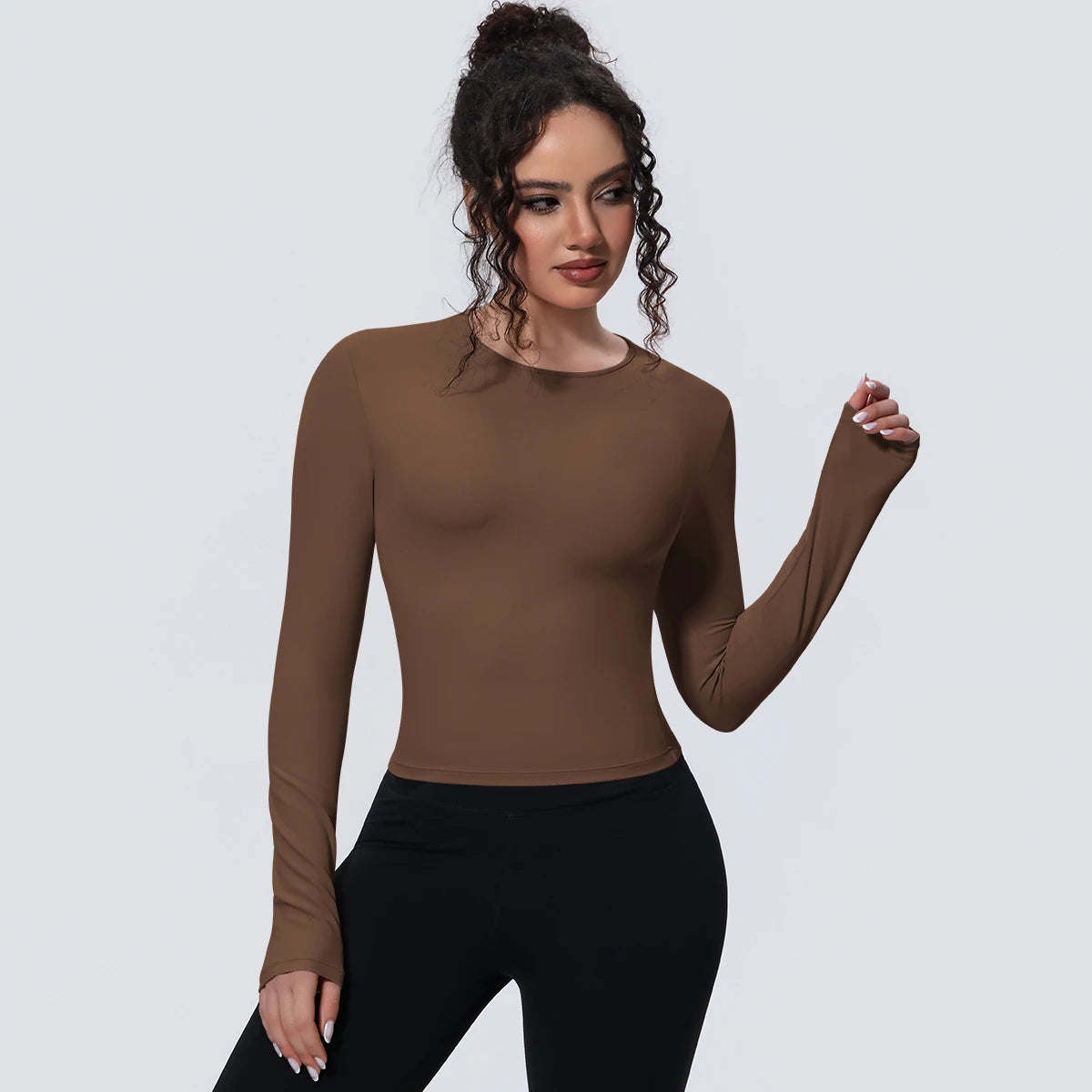 Yogashirt mit langen Ärmeln, braun, enganliegender Schnitt für Sport und Training
