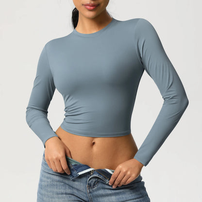 Damen-Langarmshirt Slim Fit hellblau-grau mit Rundhals und langen Ärmeln, körpernah