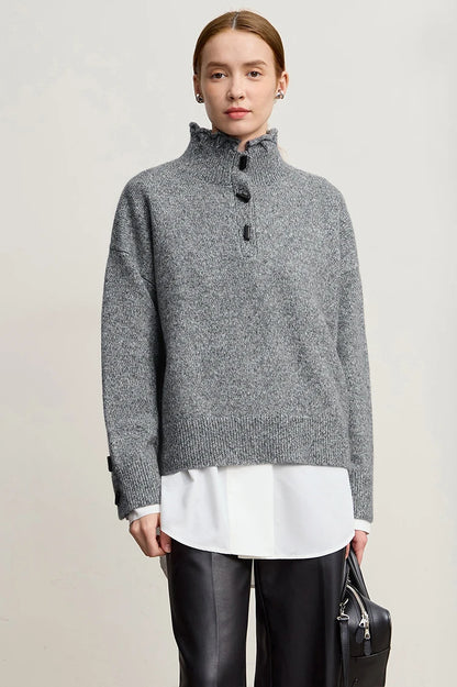 Damen-Rollkragenpullover locker Knopf Raglanärmel Winter