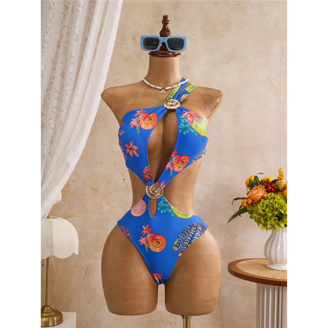 Damen Badeanzug Blumendruck One-Shoulder asymmetrisch Cut-Out Monokini gepolstert