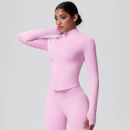 Damen Yoga-Jacke in Pastellrosa mit Stehkragen und Reißverschluss, Blick nach vorn