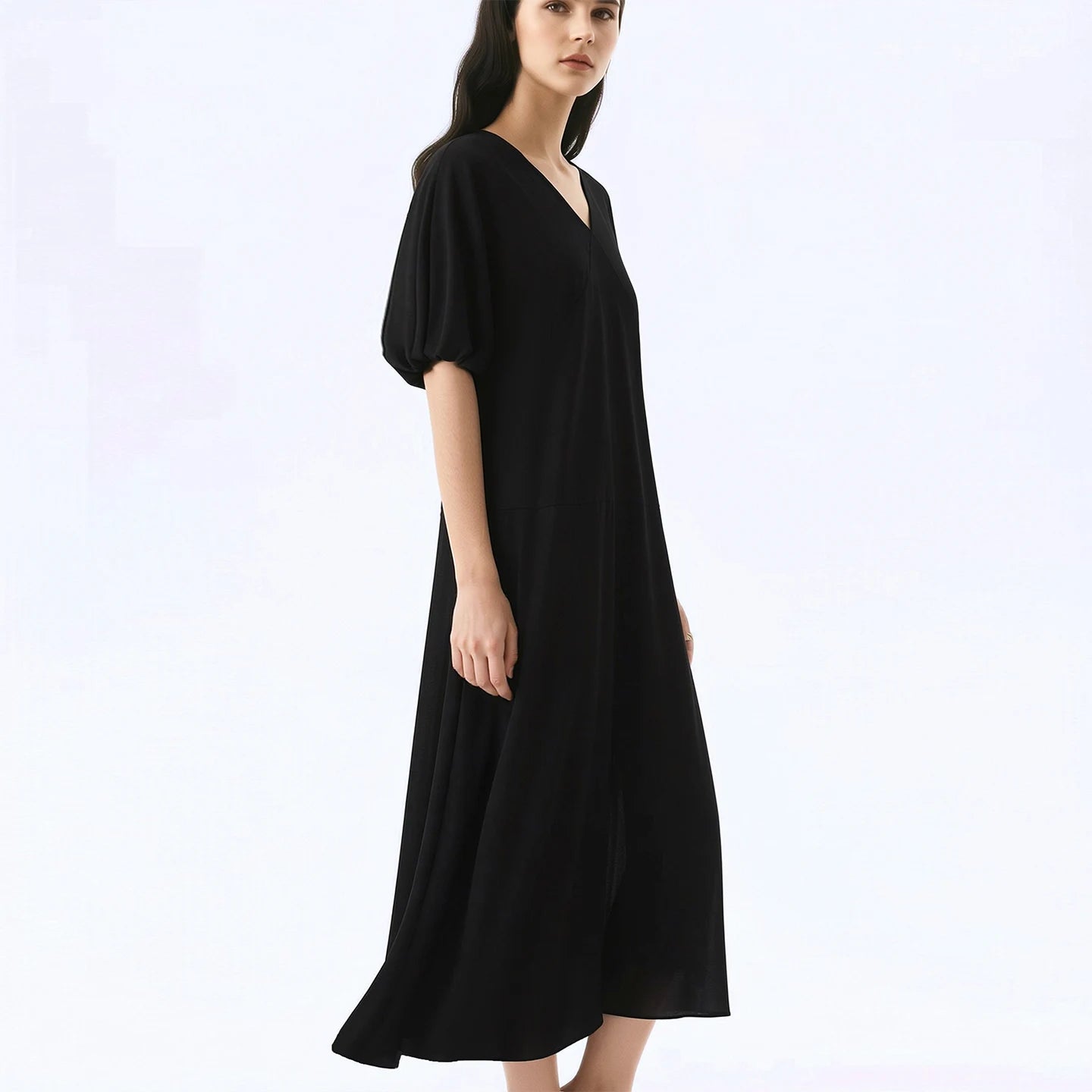 Elegantes Damenmaxikleid Mit V-Ausschnitt Puffärmel Urlaub