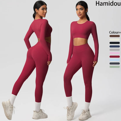 Yoga-Set mit langarmigem Crop-Top und Leggings, dunkelrot