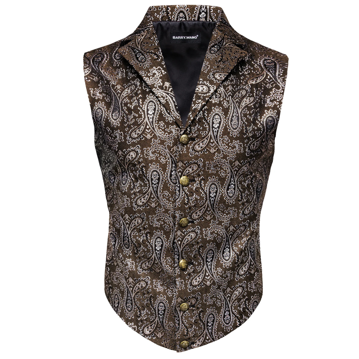 Herrenweste aus Feinwolle mit Paisley-Muster, braun mit hellen Mustern, Knopfleiste