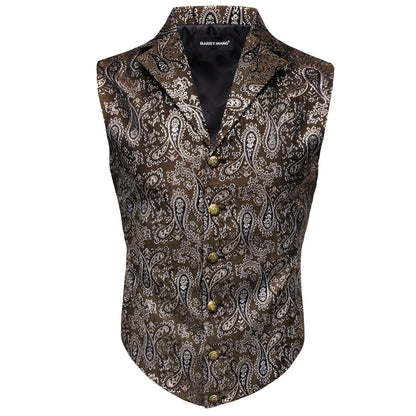 Herrenweste aus Feinwolle mit Paisley-Muster, braun mit hellen Mustern, Knopfleiste