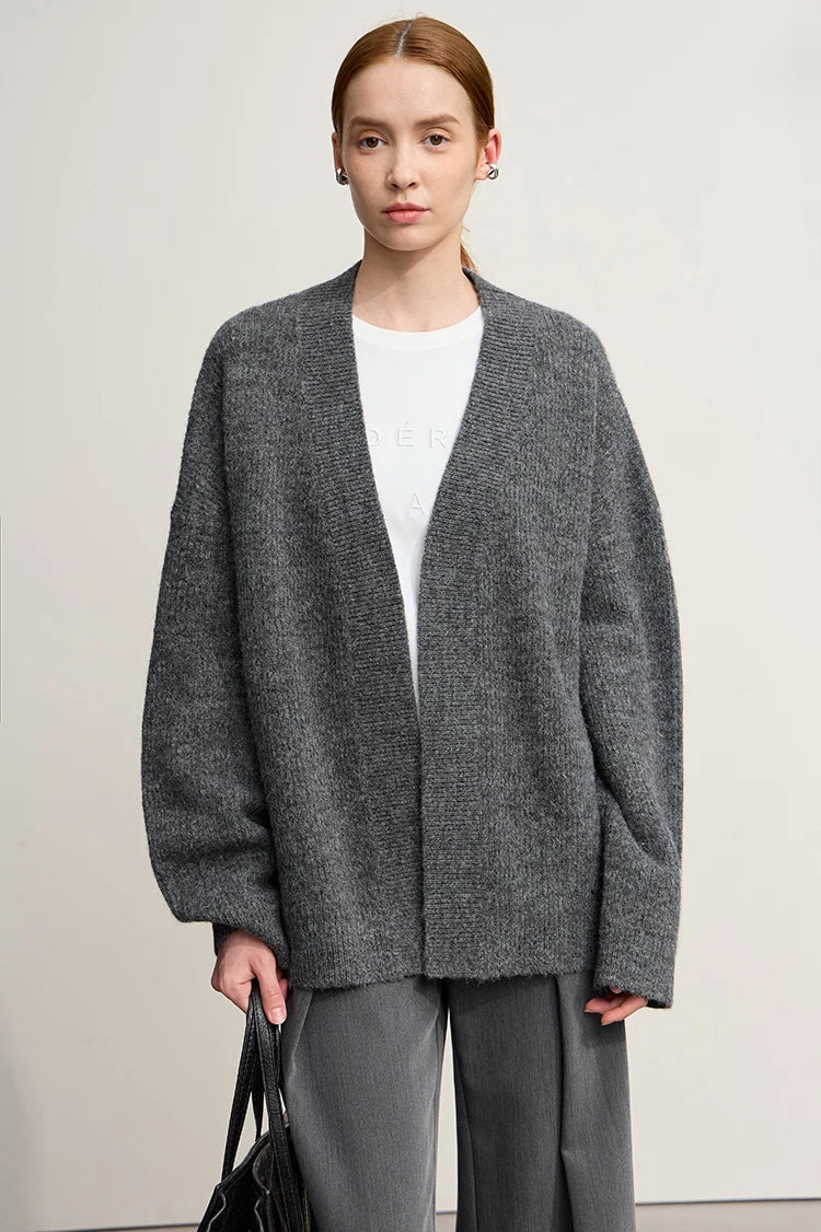Damen V-Ausschnitt Cardigan lang Wolle-Mix offen Winter