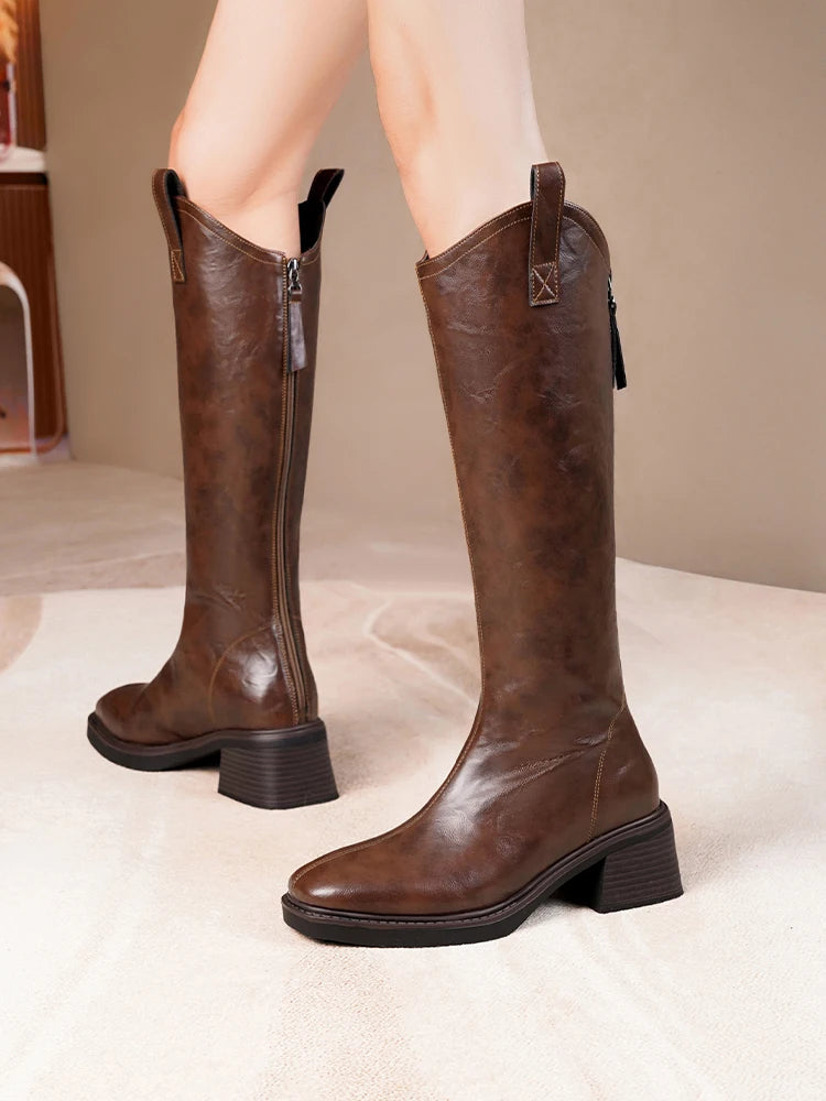 Damen-Langschaftstiefel aus Leder, braun, mit Blockabsatz und seitlichem Reißverschluss