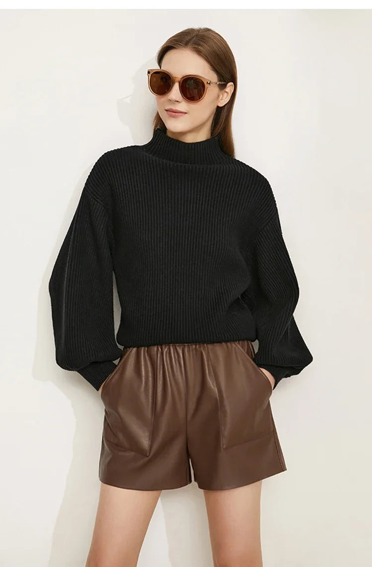 Damen-Wollpullover mit Stehkragen, schwarzes Strickmuster, weite Laternenärmel