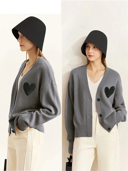 Damen-Strickjacke V-Ausschnitt Wollstickerei locker romantisch Winter