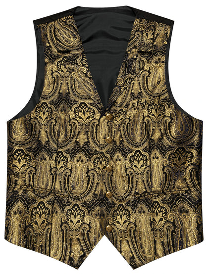 Herrenweste gold-schwarz mit Paisley-Jacquard, V-Ausschnitt und goldenen Knöpfen