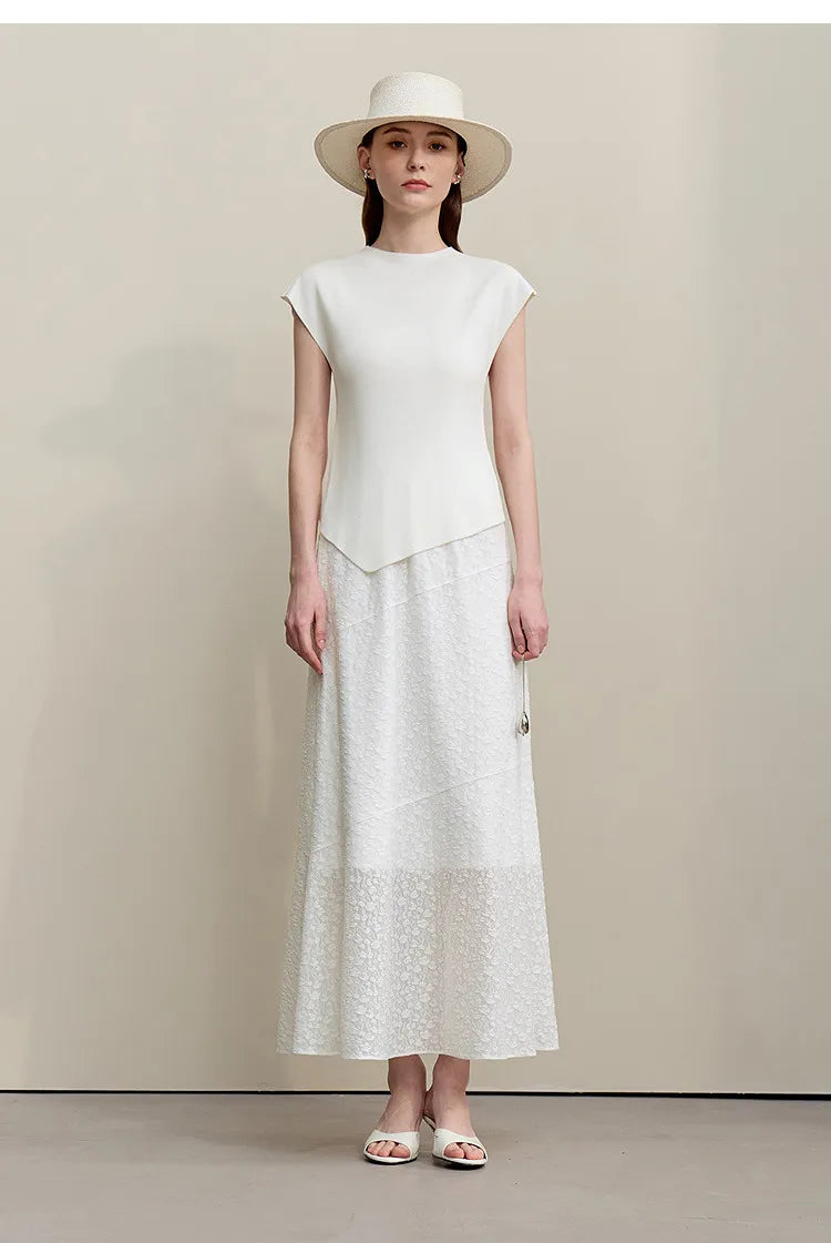 Weißes Damen-Stricktop aus Strick mit kurzem Ärmel und asymmetrischem Saumabschluss