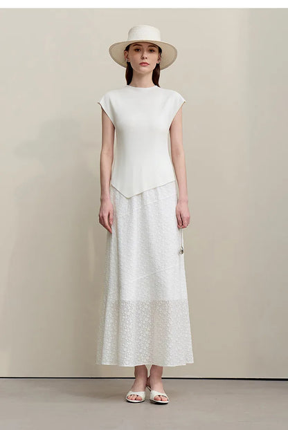 Weißes Damen-Stricktop aus Strick mit kurzem Ärmel und asymmetrischem Saumabschluss