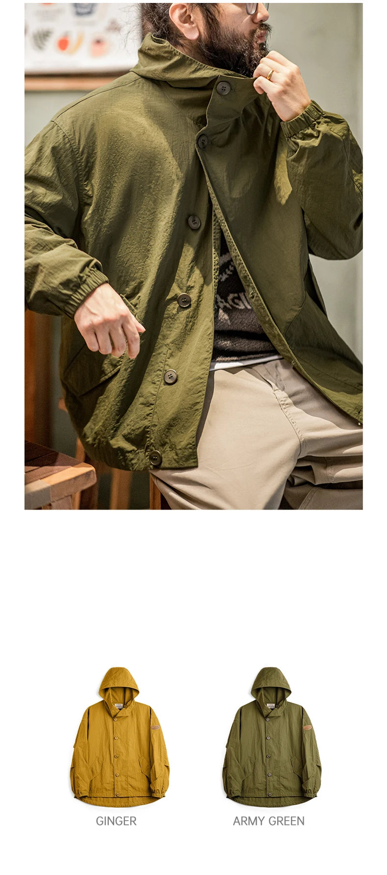 Herren Kapuzenjacke Vintage Einfarbig Dünn Loose Taschen Einzel-Breasted Coat