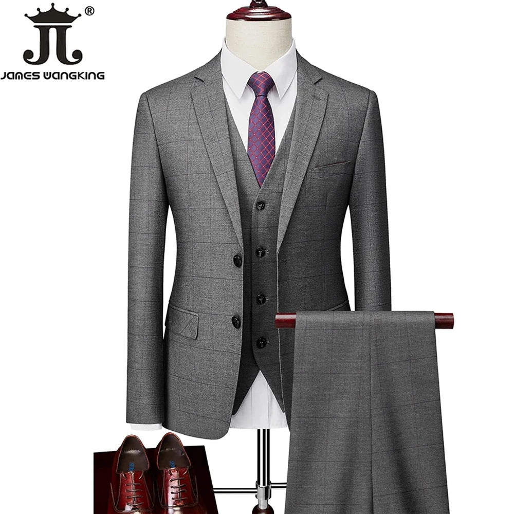 Hochwertiger Herren Anzug 3-teilig: Kariert, Grau, Slim Fit, Business & Hochzeit.