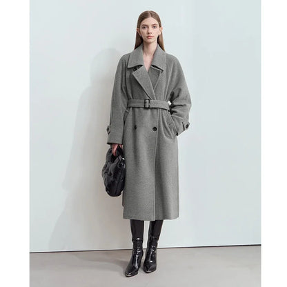 Damen langer Mantel im minimalistischen Retro-Stil mit Gürtel und Revers