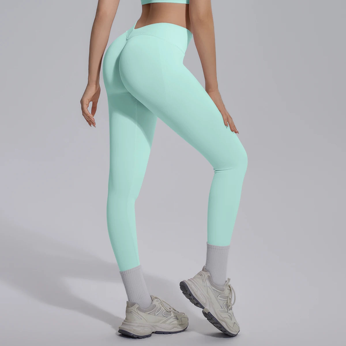 Nahtlose Yoga-Leggings Damen mintfarben, hoher Bund, enges Bein