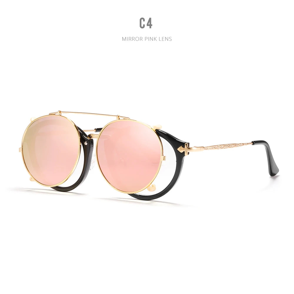Sonnenbrille rund Steampunk Clip-On abnehmbar polarisiert Markenbox Herren