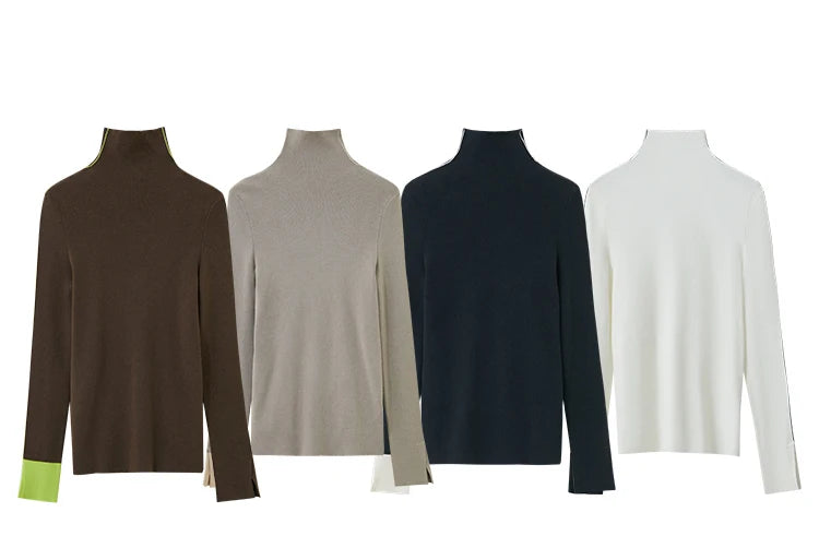 Damen-Rollkragenpullover Farbkontrast Slim Fit Langarm Frühling