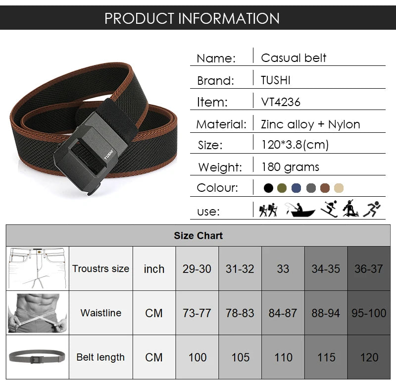 Unisex-Gürtel aus elastischem Nylon mit mattschwarzer Schnalle in 38 mm Breite und Tragekomfort