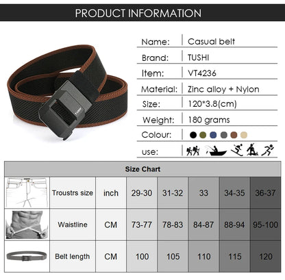Unisex-Gürtel aus elastischem Nylon mit mattschwarzer Schnalle in 38 mm Breite und Tragekomfort