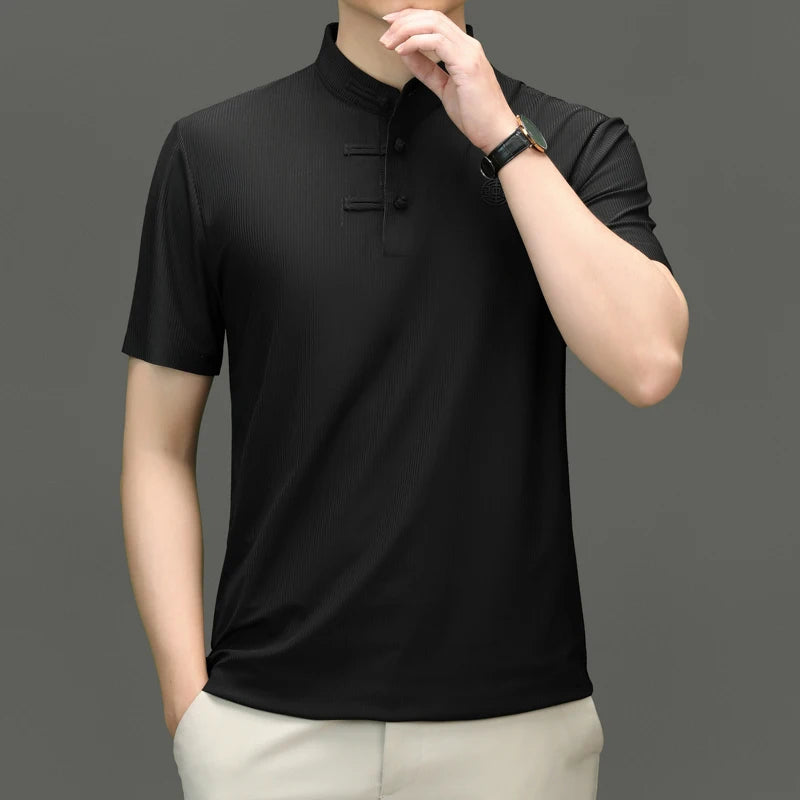 Herren T-Shirt im Chinesischen Stil mit Stehkragen und lässiger Passform